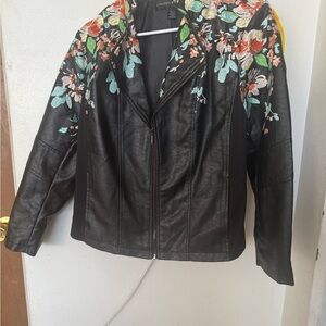 Colleen Lopez Black Leather Jacket with Floral Embroidery